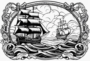 A American traditional tattoo style ship sinking with a mermaid on the right holding a rope and the mermaid on the left holding a dagger tattoo idea