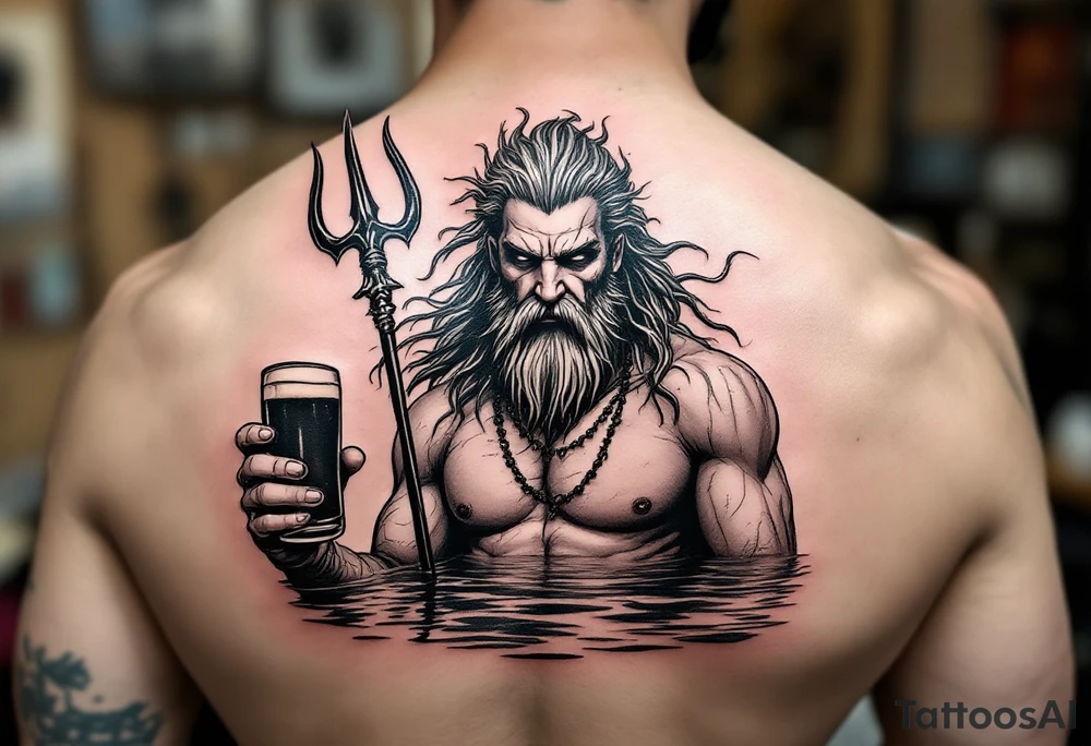 poseidon in calm water, holding a trident, holding a beer tattoo idea