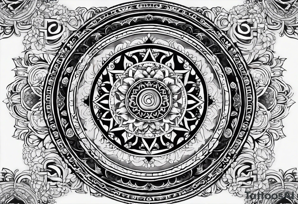 The background of the tattoo as a world map framed by a mandala. At the bottom of the mandala a small buddhist shrine tattoo idea
