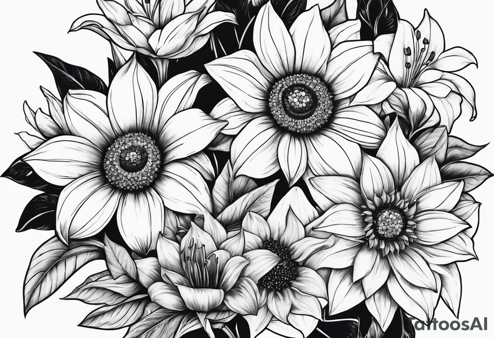 Small cluster containing diamonds sunflowers and lilies tattoo idea