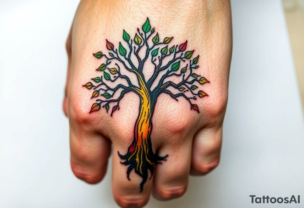 Vibrant tree of life Jamaican and Irish colours tattoo idea