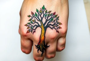 Vibrant tree of life Jamaican and Irish colours tattoo idea