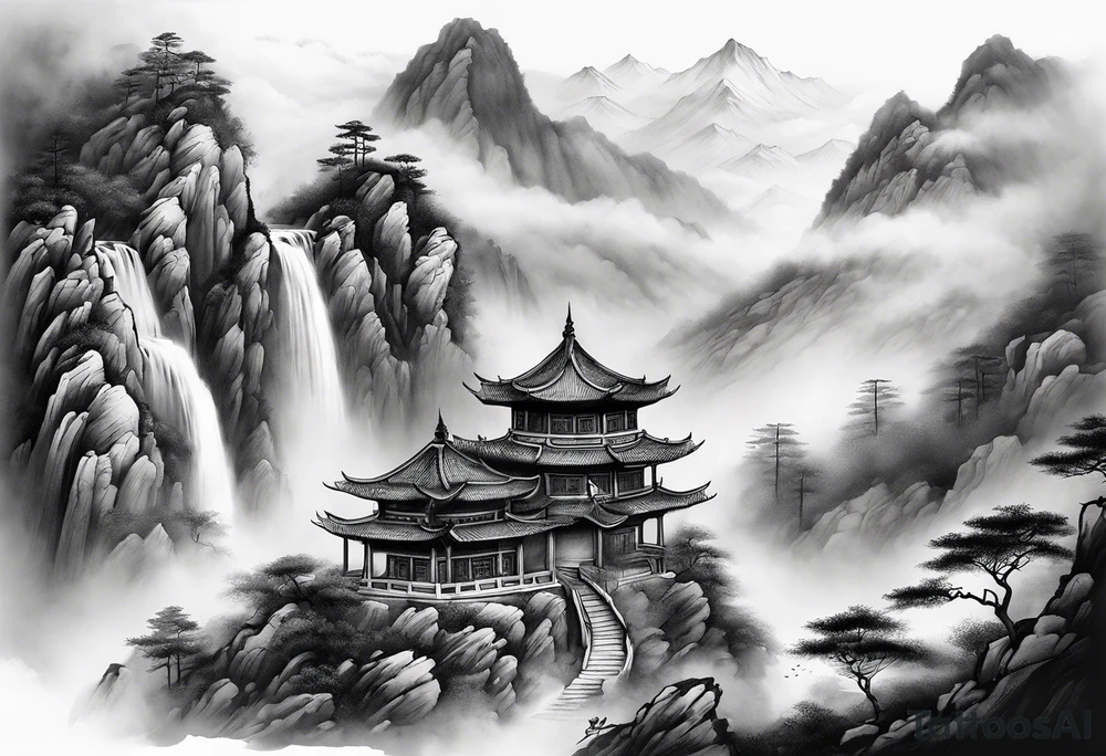 forearm sleeve traditional chinese art painting style mountains mist fog waterfall Chinese temple two old men wearing robes and drinking tea tattoo idea
