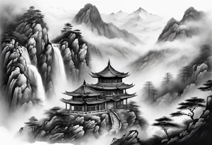 forearm sleeve traditional chinese art painting style mountains mist fog waterfall Chinese temple two old men wearing robes and drinking tea tattoo idea