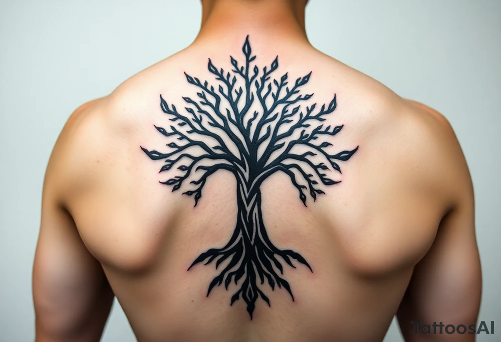 extravagant sacred nnative tree of life who roots rdrive deep into mother eart who has a faceless sillowet of grandmother tattoo idea