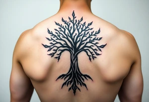 extravagant sacred nnative tree of life who roots rdrive deep into mother eart who has a faceless sillowet of grandmother tattoo idea