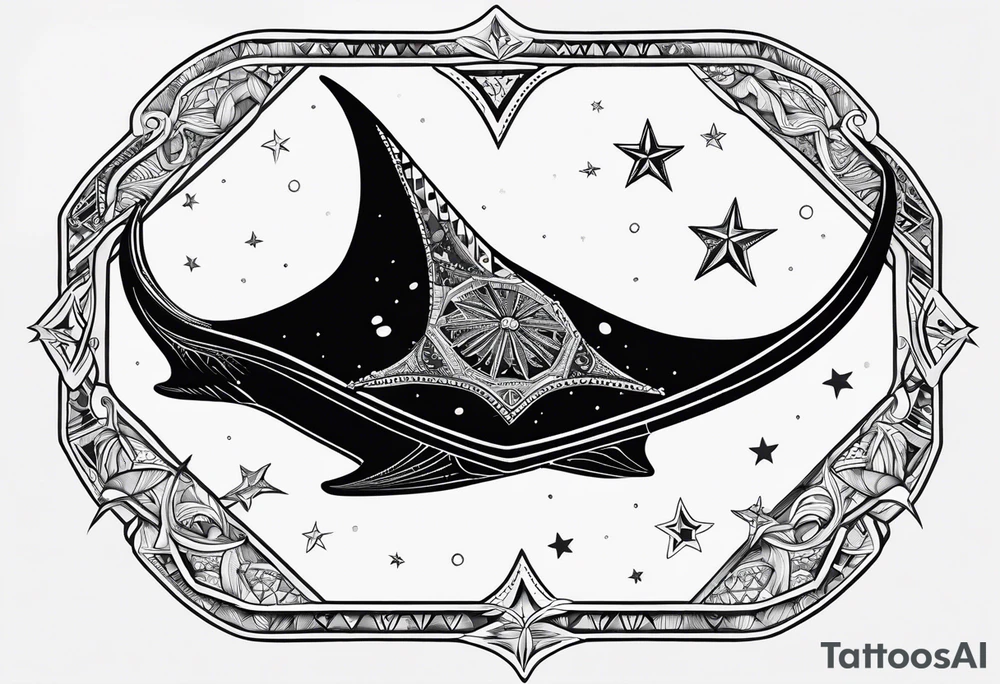 Simple manta ray with a nautical star inside and an octagon around tattoo idea