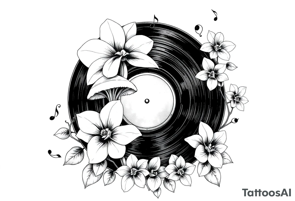 one black and white vinyl record with mushrooms, orchids, and music notes around it tattoo idea
