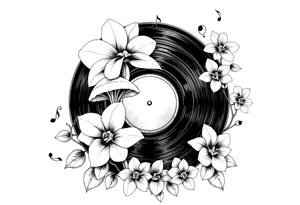 one black and white vinyl record with mushrooms, orchids, and music notes around it tattoo idea