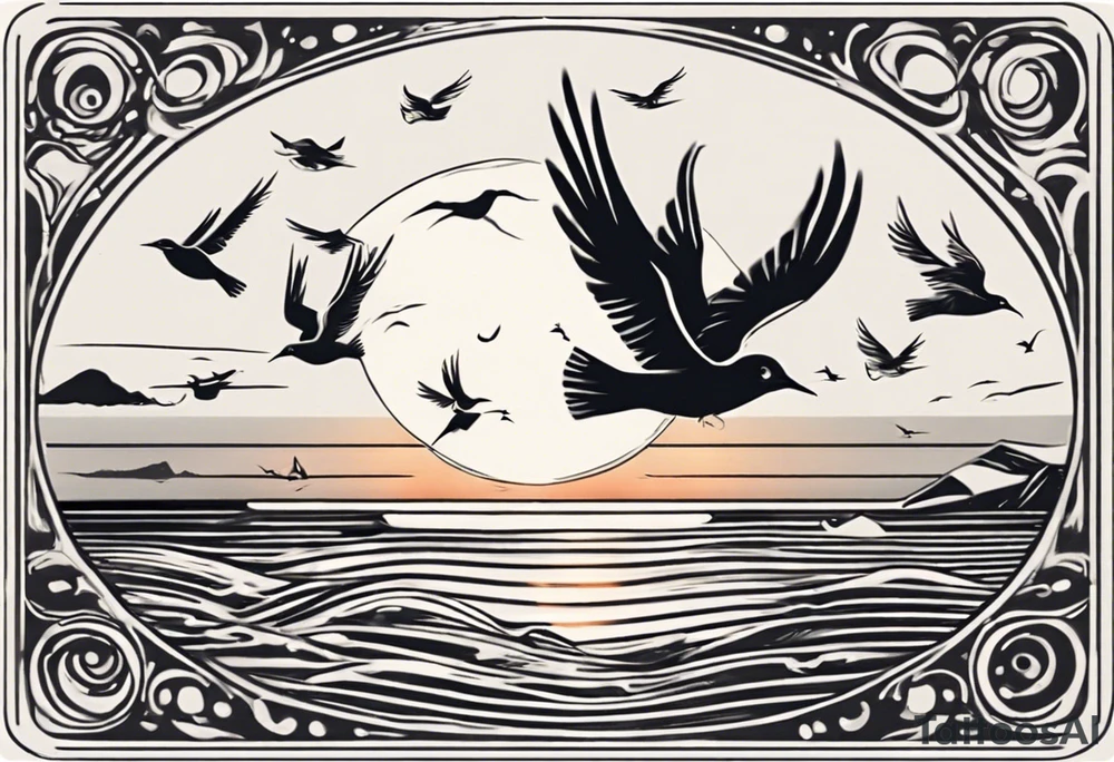 Sunset over the sea with birds flying in a rectangle tattoo idea Sunset over the sea with birds flying in a rectangle tattoo idea