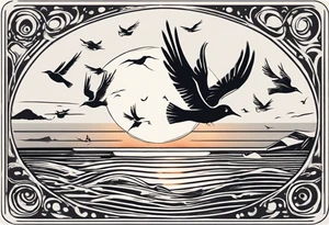 Sunset over the sea with birds flying in a rectangle tattoo idea