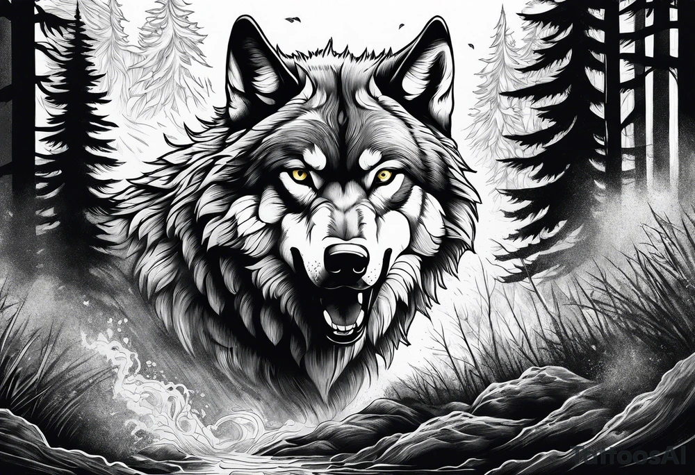 Powerful storm raging through forest with an alpha wolf snarling tattoo idea