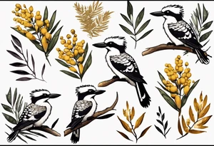 Small kookaburra sitting on wattle leaves tattoo idea