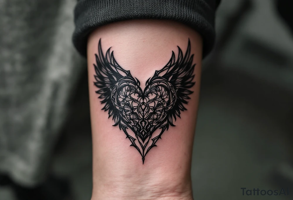 A black heart with intricate tattoos on its surface, paired with dark, gothic angel wings, representing love that is both beautiful and intense. tattoo idea