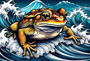 toad with katanas against the background of waves tattoo idea