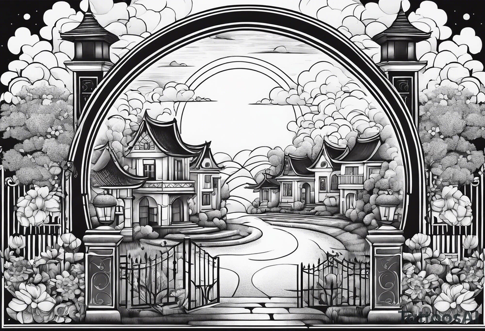 night ancient town far away  garden many small houses gate entrance 
 in circle vignette surrounded by clouds floral tattoo idea