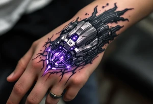 A biomechanical structure starting at the palm in brushed aluminum, surrounded by glowing violet circuitry and torn muscle detail. tattoo idea