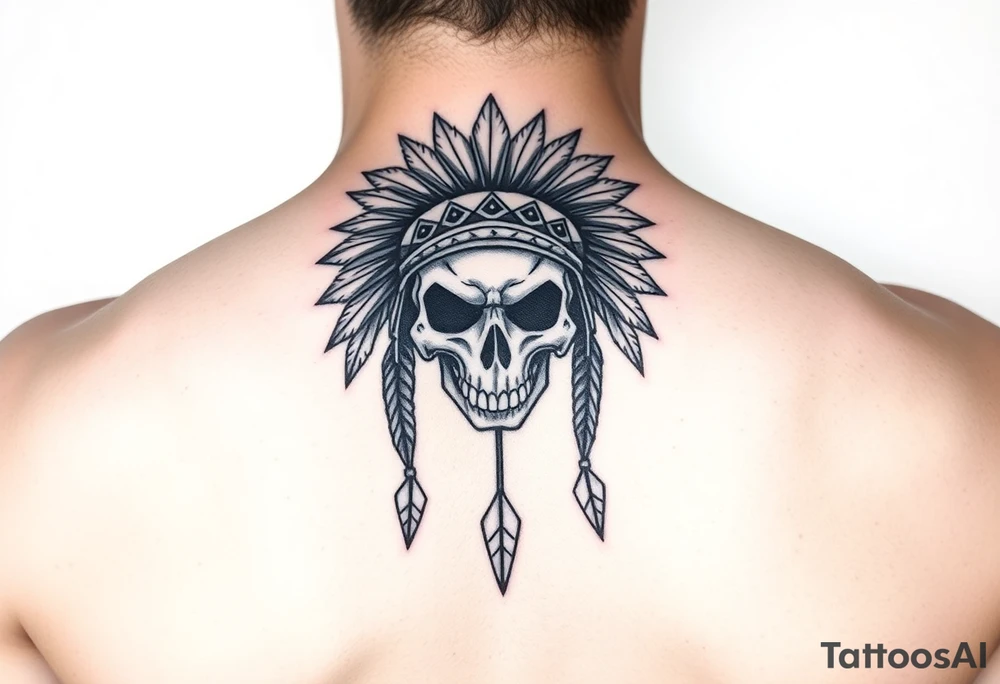 Native American skull with head dress and arrows below tattoo idea