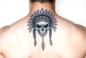 Native American skull with head dress and arrows below tattoo idea