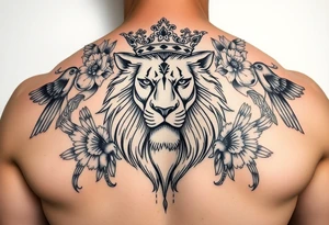 powerful majestic lion with a crown, surrounded by floral ornaments and birds tattoo idea