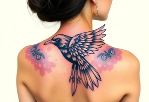 Raven with starry sky background with zodiac constellations in it with runes in sky tattoo idea