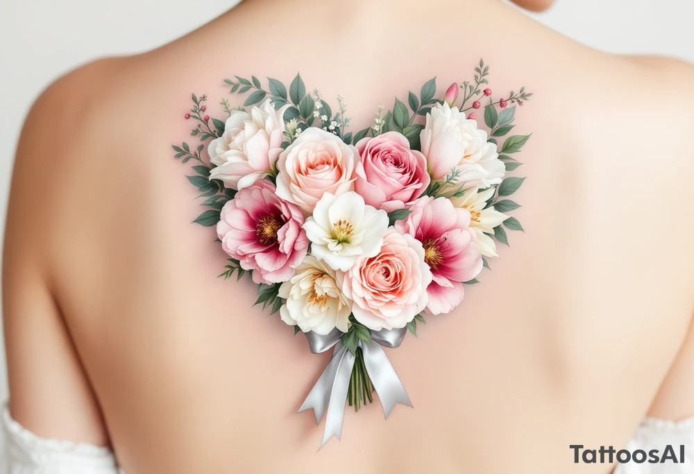 Description: A delicate bouquet of roses, peonies, and lilies tied together with a soft, flowing ribbon. The bouquet is gently resting in the shape of a heart.
Meaning: Represents the beauty and joy of marriage, as well as the bride’s special day.
Colors: Soft pinks, ivory, light green, and a pop of burgundy for depth, with a silver ribbon. tattoo idea