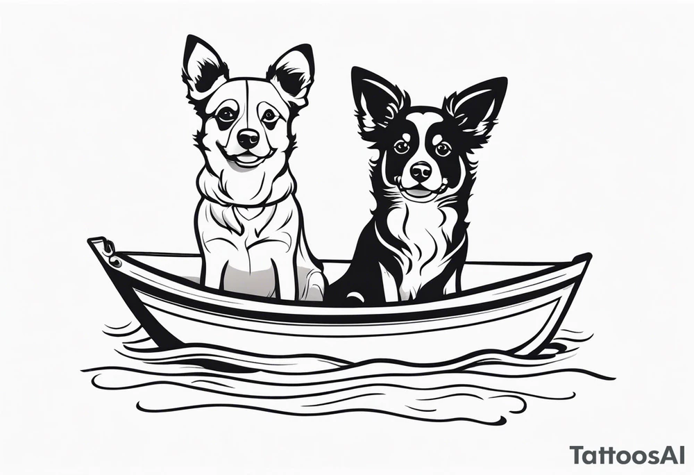 two dogs in a boat. One dog is tan with big ears like a chihuahua. The other dog is black and white and looks like an australian shepherd with floppy ears tattoo idea