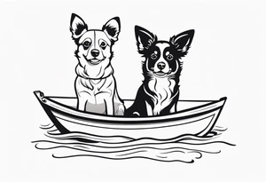 two dogs in a boat. One dog is tan with big ears like a chihuahua. The other dog is black and white and looks like an australian shepherd with floppy ears tattoo idea