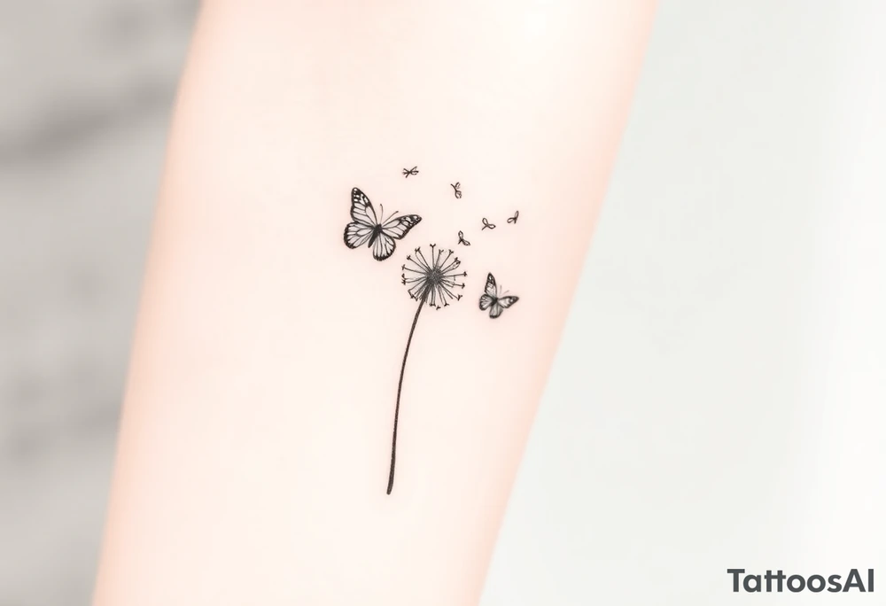 a dandelion and two (2) minimalistic butterflies flying around it. The path of the butterflies is shown tattoo idea