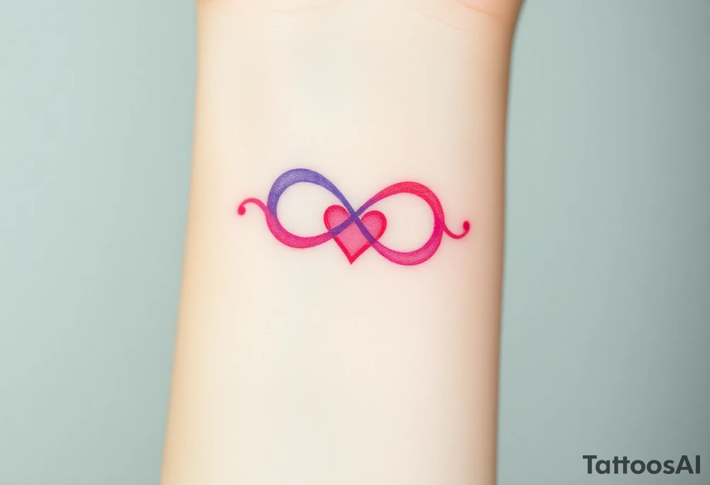 A soft watercolor full infinity symbol blending pink and purple hues, with a tiny heart at the center, creating a dreamy effect tattoo idea