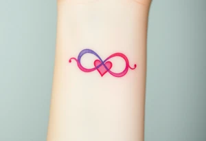 A soft watercolor full infinity symbol blending pink and purple hues, with a tiny heart at the center, creating a dreamy effect tattoo idea