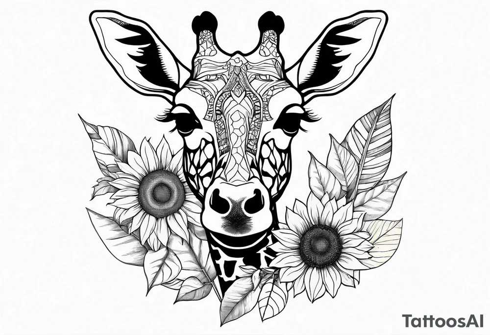 giraffe front view with sunflower and leafs tattoo idea