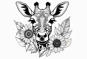 giraffe front view with sunflower and leafs tattoo idea