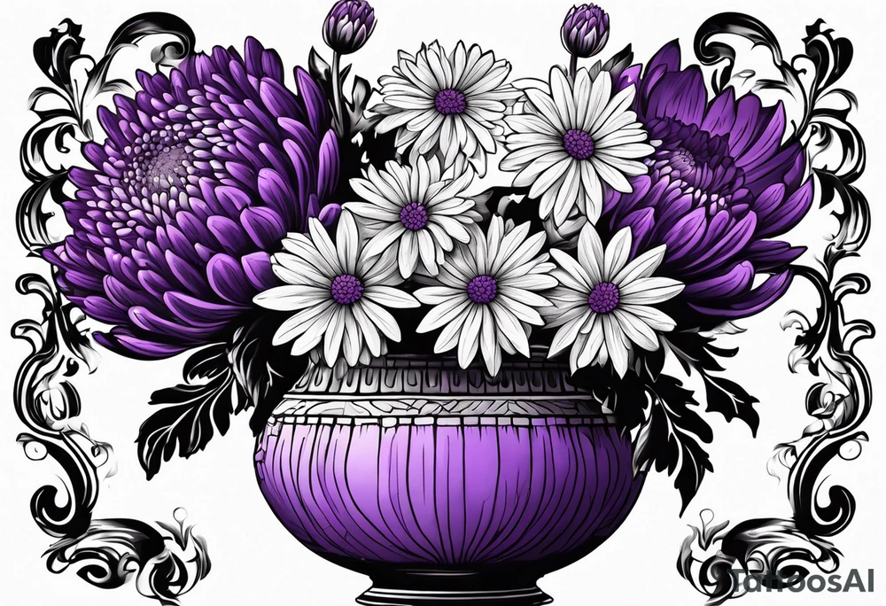 Un vase Grec avec 2 fleurs nénuphars, 1 fleur CHRYSANTHEMUm, et une violet tattoo idea