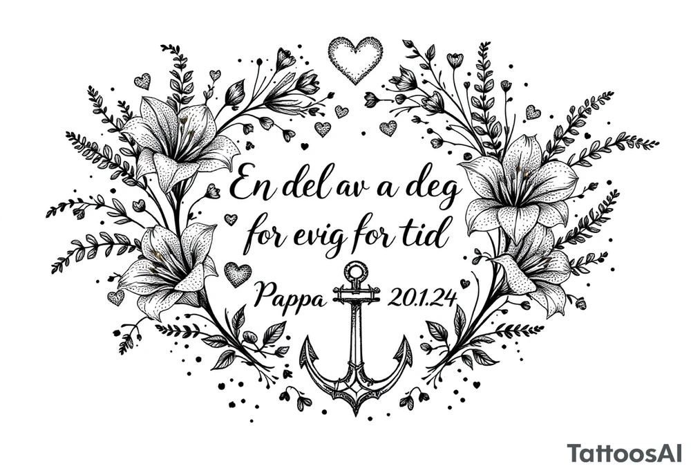«En del av deg for evig tid
Pappa 20.12.24» Surrounded by long gladiolus, hearts, notes and an anchor tattoo idea