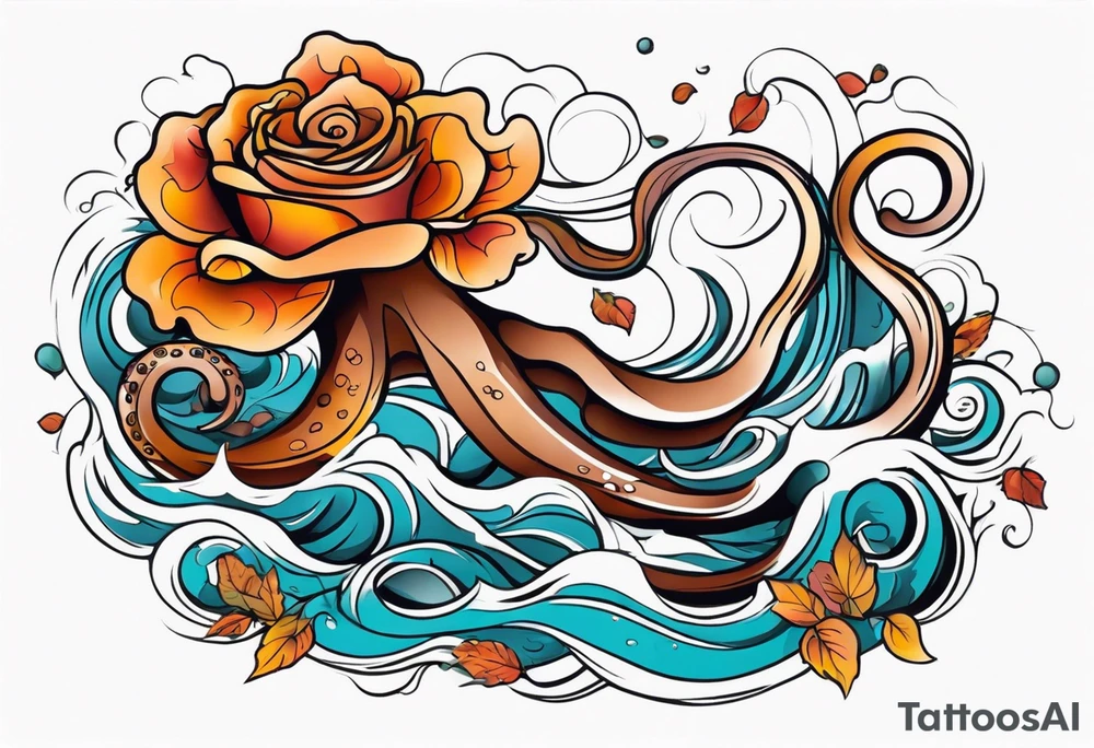 masculine abstract left thigh tattoo with a large long flowing octopus in water swirls wrapping around rocks, with a rose, in fall colors with some small leaves and fall elements tattoo idea