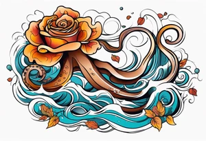 masculine abstract left thigh tattoo with a large long flowing octopus in water swirls wrapping around rocks, with a rose, in fall colors with some small leaves and fall elements tattoo idea