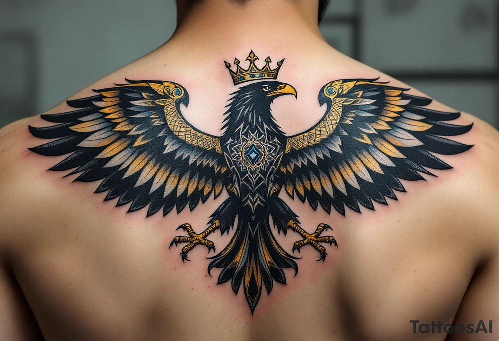 Majestic Silesian Eagle with Golden Crown – A powerful black Silesian eagle with outstretched wings, wearing a golden royal crown, symbolizing strength and heritage. The feathers have intricate detailing, with subtle blue and gold highlights to enhance its regal appearance. tattoo idea