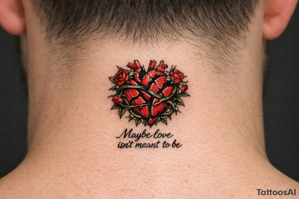 Anatomical heart broken beyond repair entwined by blooming vines, full chest piece. Maybe love isn’t meant to be tattoo idea