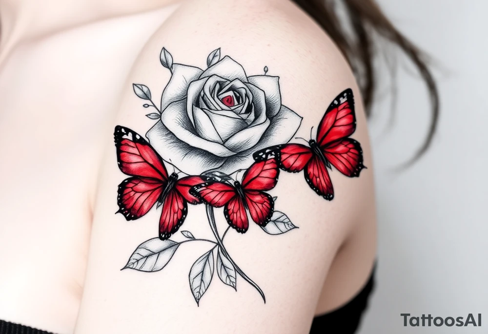 Rose and daffodil with 2 red butterflies one larger than other tattoo idea