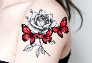Rose and daffodil with 2 red butterflies one larger than other tattoo idea