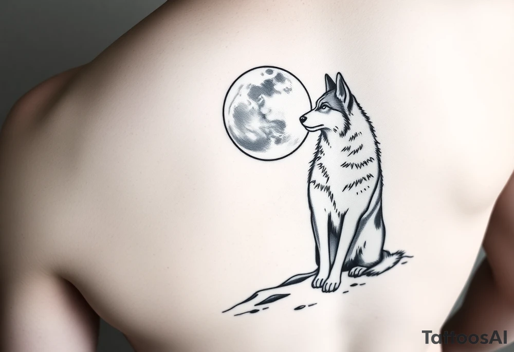 smALL HUSKY LOOKING AT A TRIBAL MOON STANDONG IN THE SAND tattoo idea