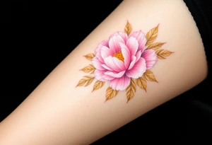 A soft peony lace garter tattoo with pastel pink petals with golden leaves tattoo idea