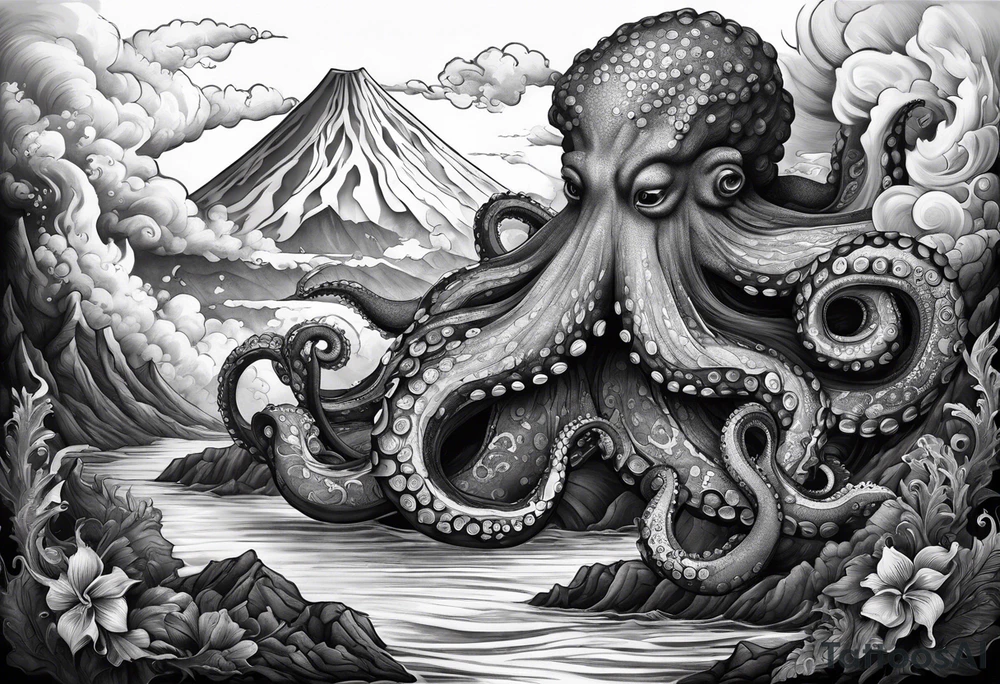 Octopus, volcano eruption, broken bridge tattoo idea Octopus, volcano eruption, broken bridge tattoo idea