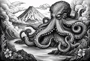 Octopus, volcano eruption, broken bridge tattoo idea