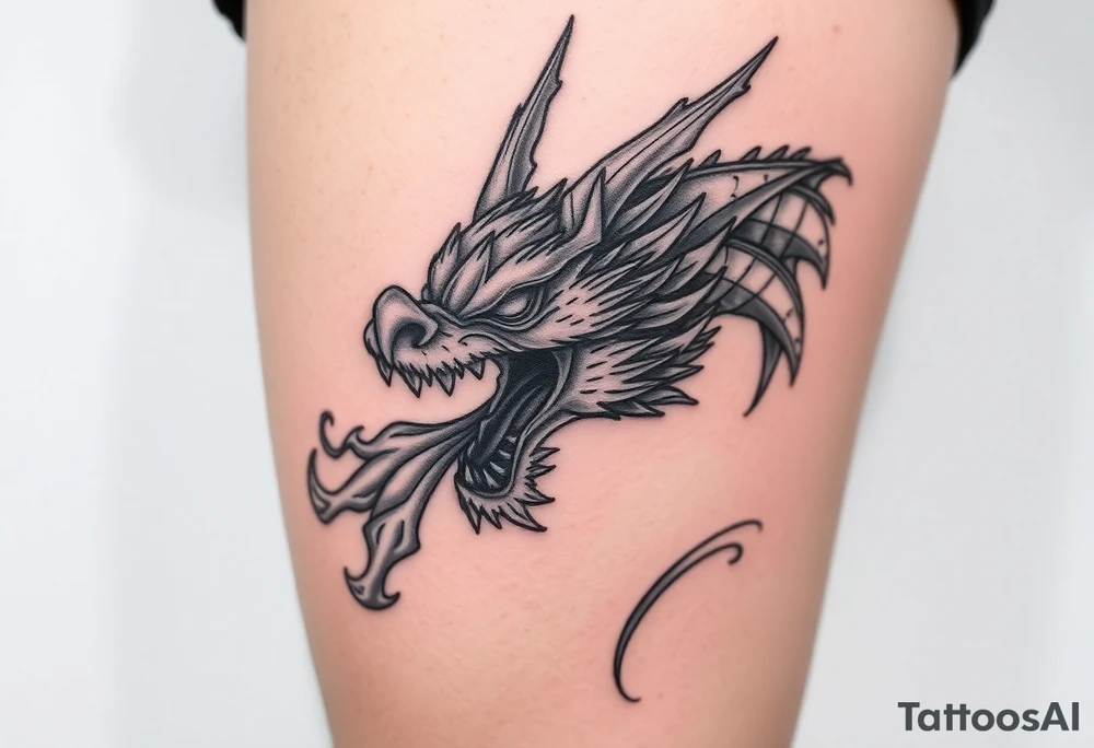 fierce dragon head breathing iridescent fire tattoo idea