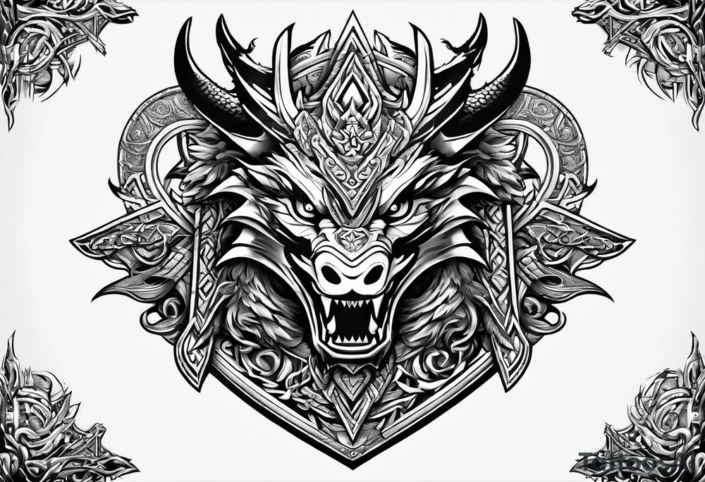 Valhalla sword shield dragon head axe Valknut tattoo idea