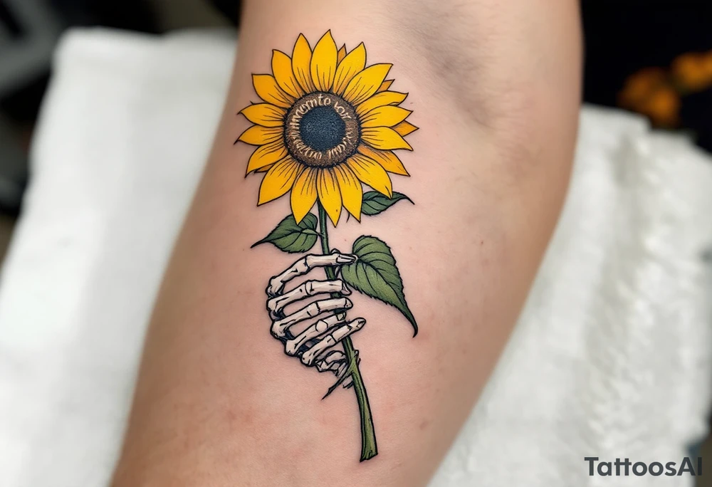 A skeleton hand holding a dying yellow sunflower, "memento mori" in thin, winding black cursive along the stem. tattoo idea