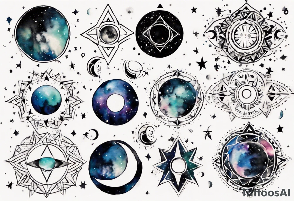 Shoulder to shoulder, moon phase, Tribal Tattoo design that depicts with tribal patterns, geometric swirls, mesmerizing blend of vibrant watercolor splatter, stars, and galaxies, dreamy and otherworldly effect, solar system,astronomy tattoo idea