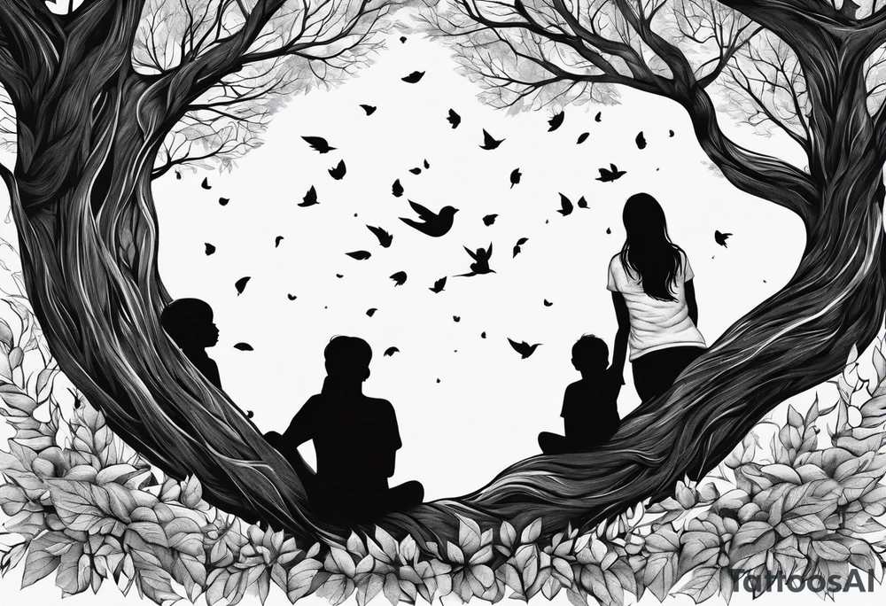 big brother with two sisters below a big tree with falling leaves tattoo idea